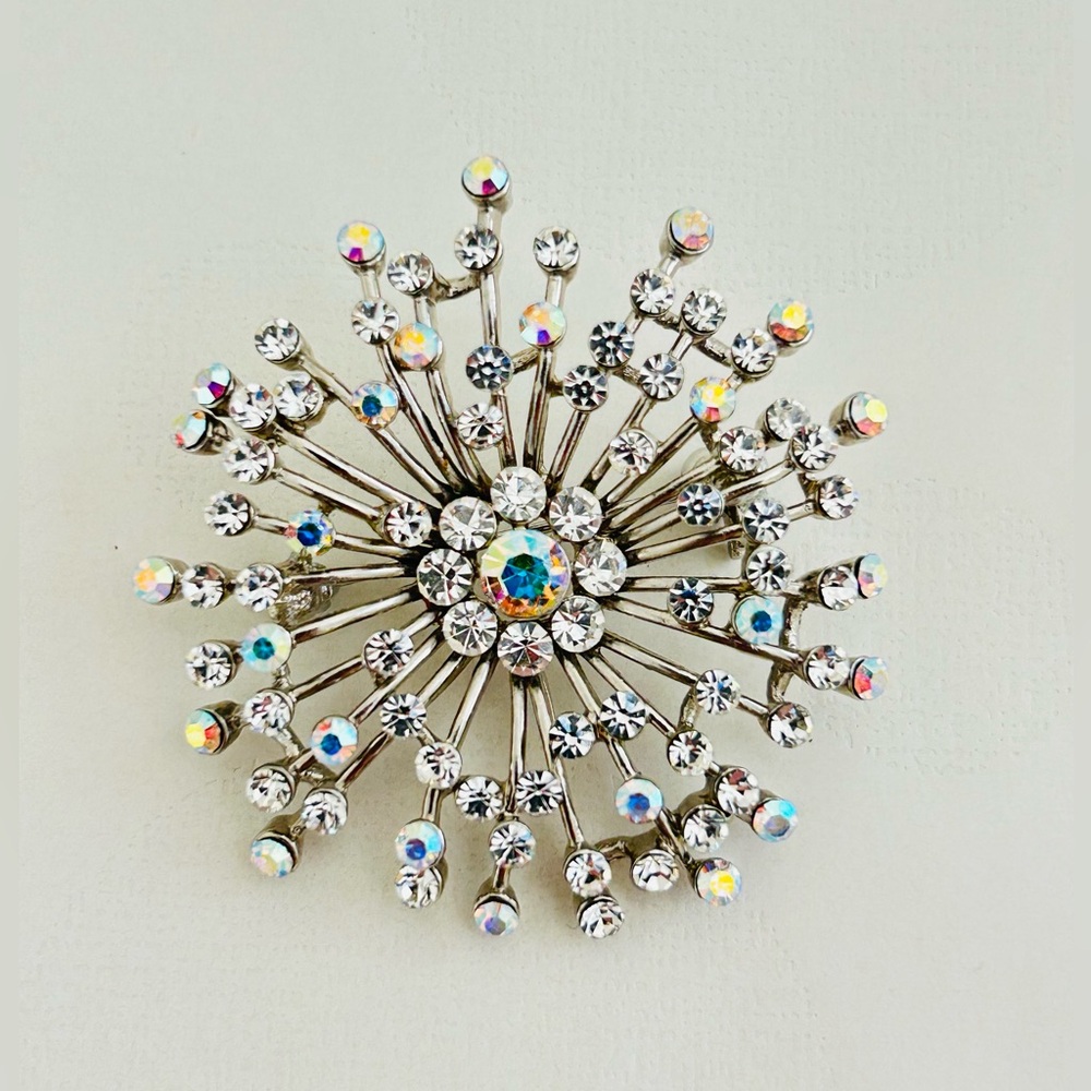 Rhinestone Starburst Snowflake Brooch 2 Inch Sparkling Pin